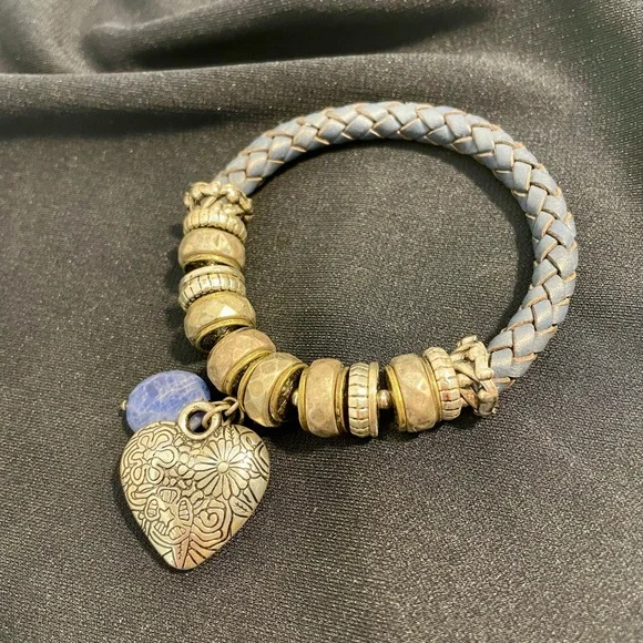 Vintage Blue Braided leather Bracelet with Silver Accents and heart charm - Picture 3 of 8